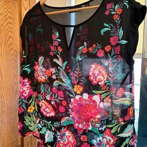 New York & Company Black Sheer Floral Blouse with Bright Multi-Color Print
